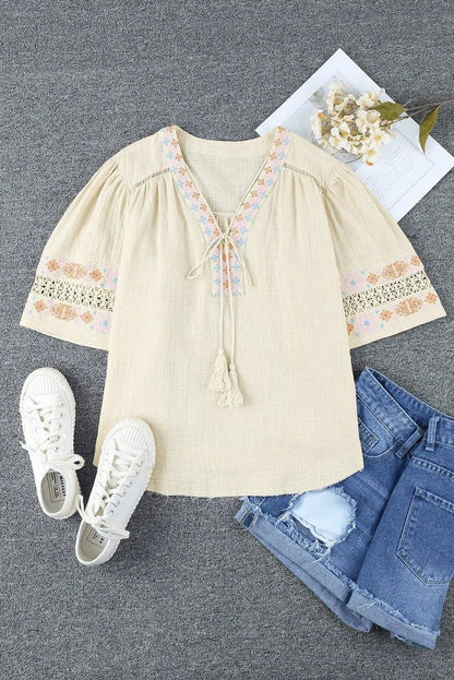 Beige Tassel Drawstring Embroidered Half Sleeve V Neck Top Jewelry Bubble