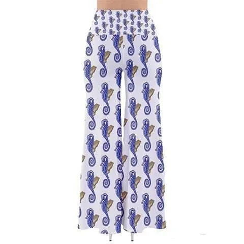 Bell Bottom Cotton Palazzo Pants Seahorse Pattern Flare Jewelry Bubble