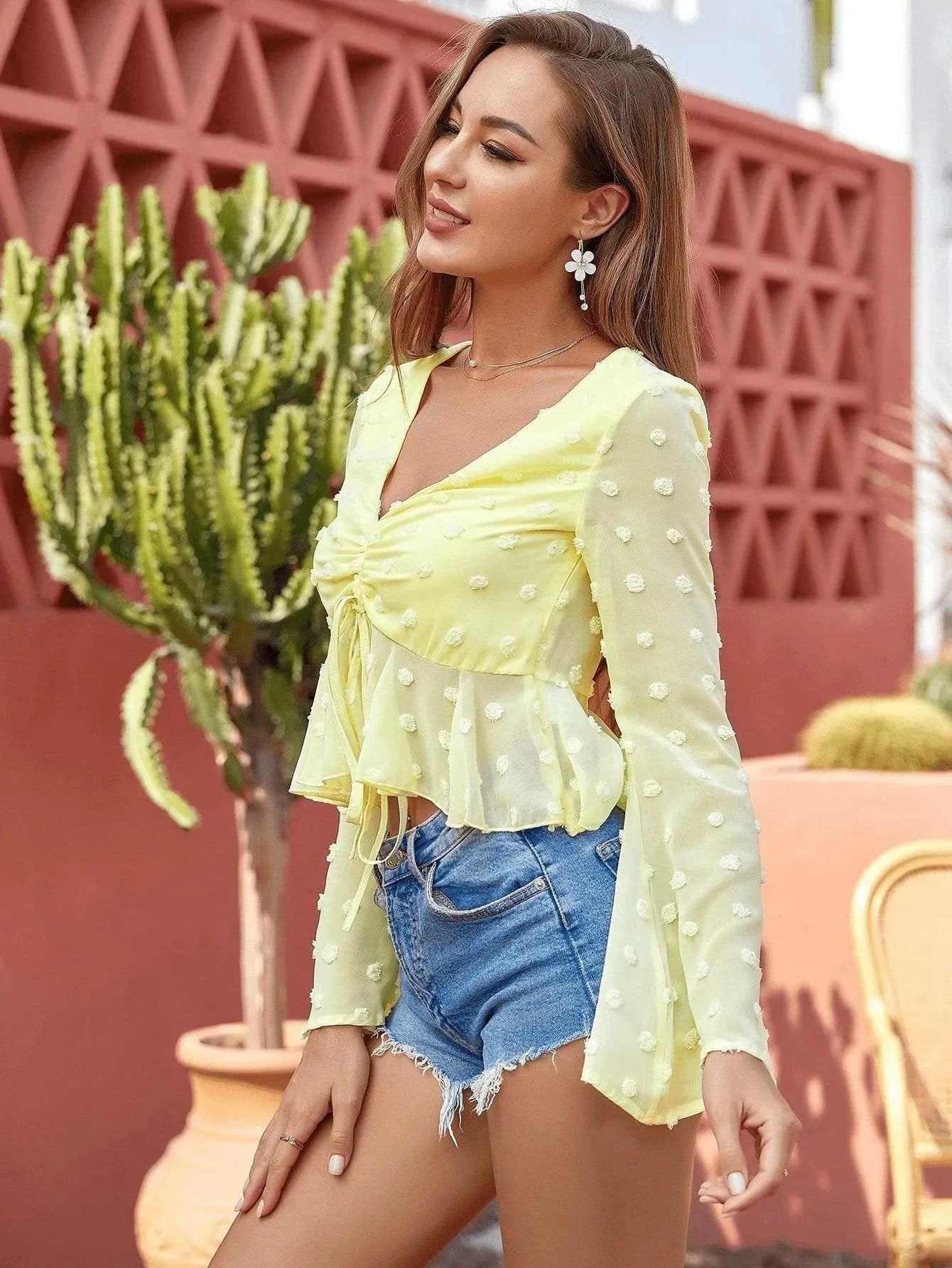 Bell Sleeve Drawstring Swiss Dot Peplum Top