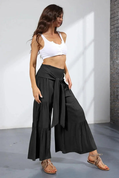 Belted Pleated Solid Wide Leg Pants Jewelry Bubble