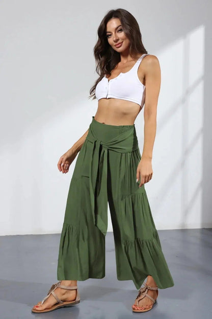 Belted Pleated Solid Wide Leg Pants Jewelry Bubble