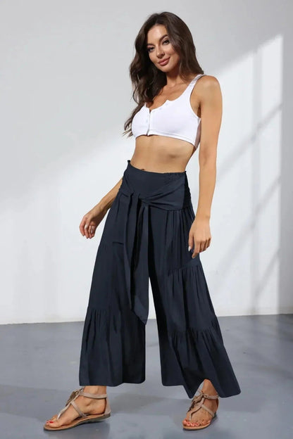 Belted Pleated Solid Wide Leg Pants Jewelry Bubble