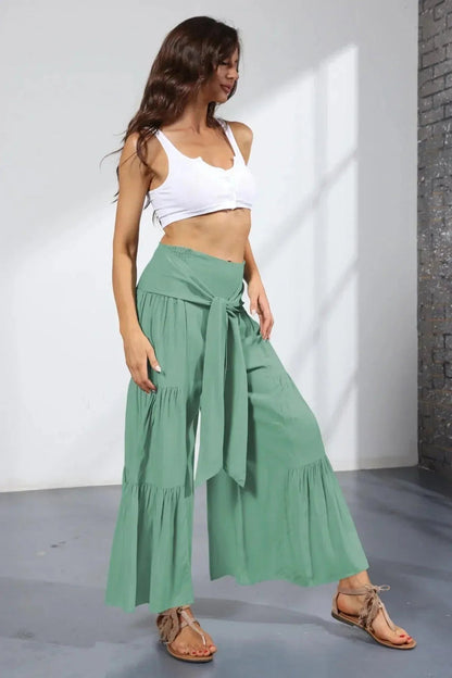 Belted Pleated Solid Wide Leg Pants Jewelry Bubble