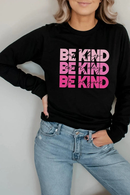 Black BE KIND Letter Print Crew Neck Pullover Sweatshirt Jewelry Bubble