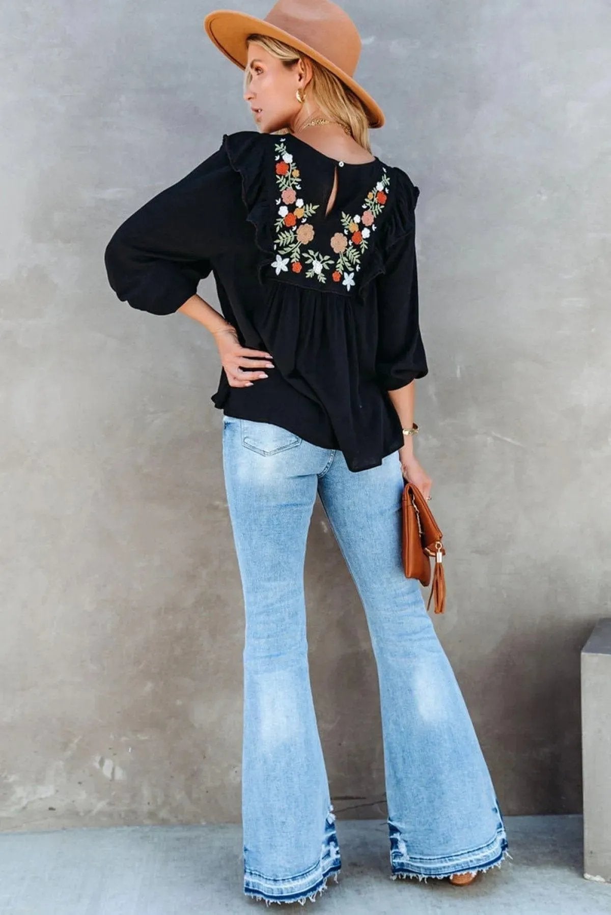 Black Bohemian Floral Embroidered Ruffled Babydoll Blouse