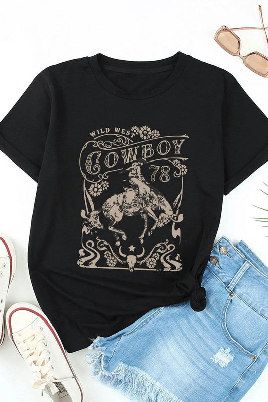 Black COWBOY 78 Letter Graphic Print Crew Neck T Shirt Jewelry Bubble