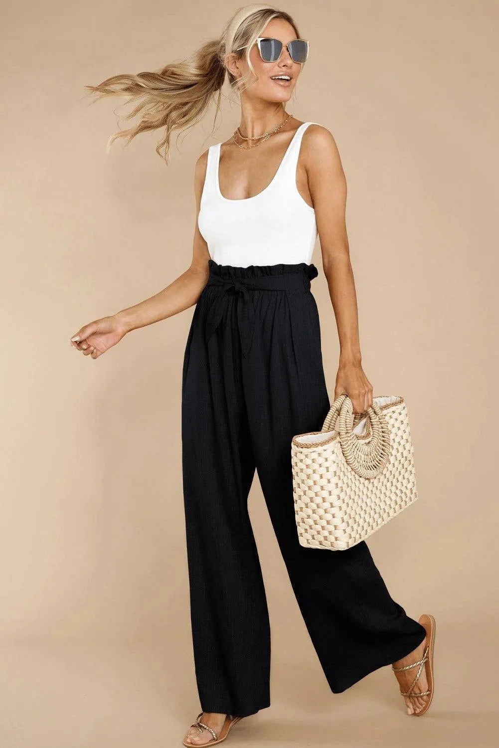 Black Casual High Waist Wide Leg Pants Jewelry Bubble