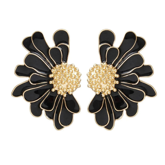 Black Daisy Earrings Gold Tone: Botanical Fashion Jewelry Pinktown