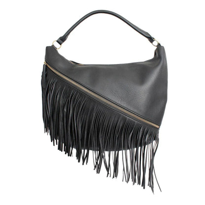 Black Diagonal Fringe Hobo Handbag for Trendy Women Jewelry Bubble