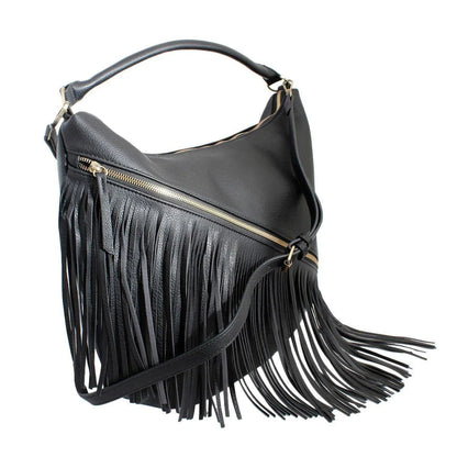 Black Diagonal Fringe Hobo Handbag for Trendy Women Jewelry Bubble