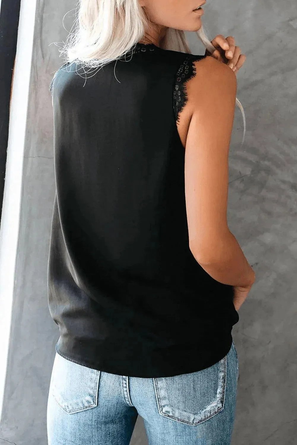 Black Eyelash Lace Trim Wrap V Neck Tank Top