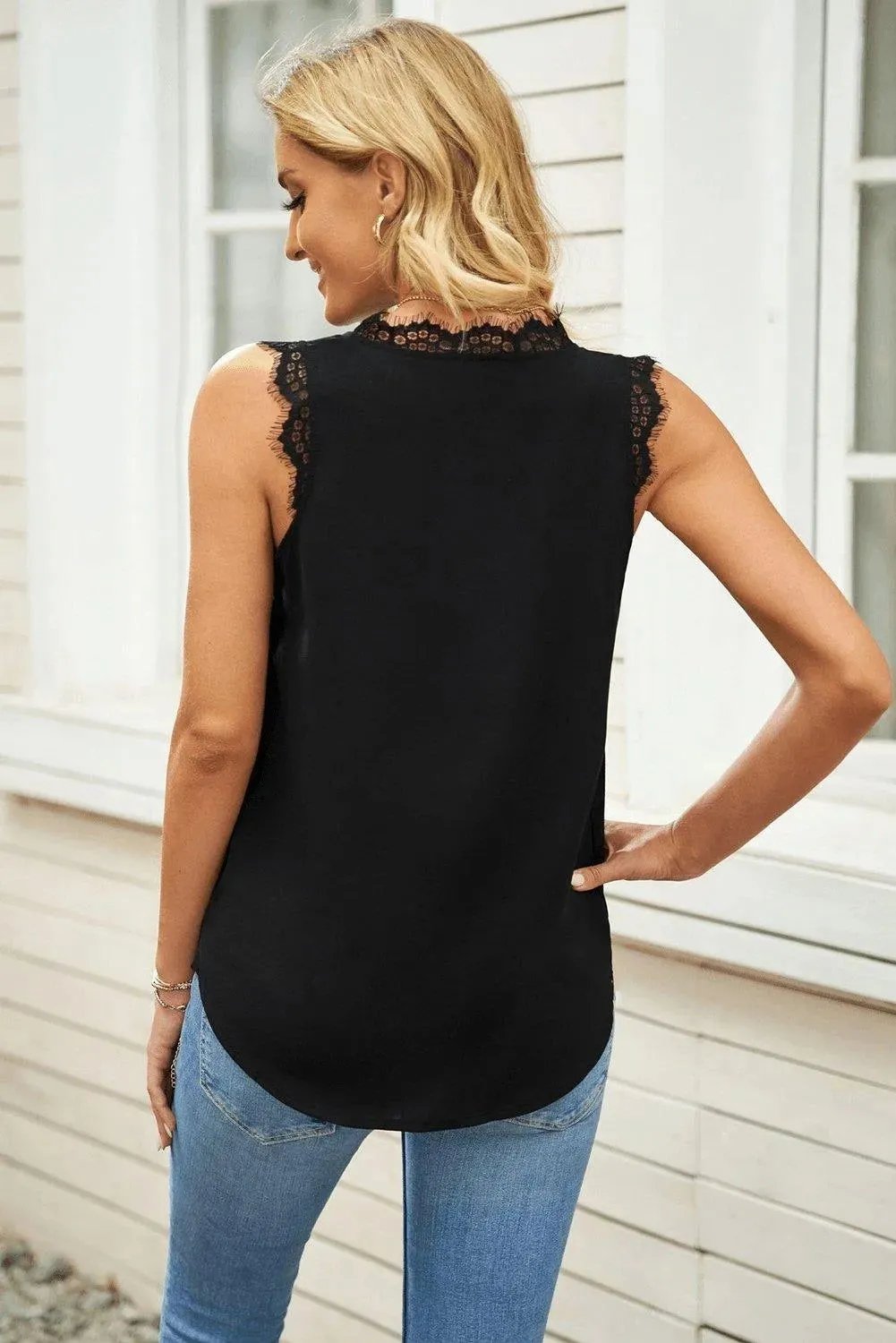 Black Eyelash Lace Trim Wrap V Neck Tank Top
