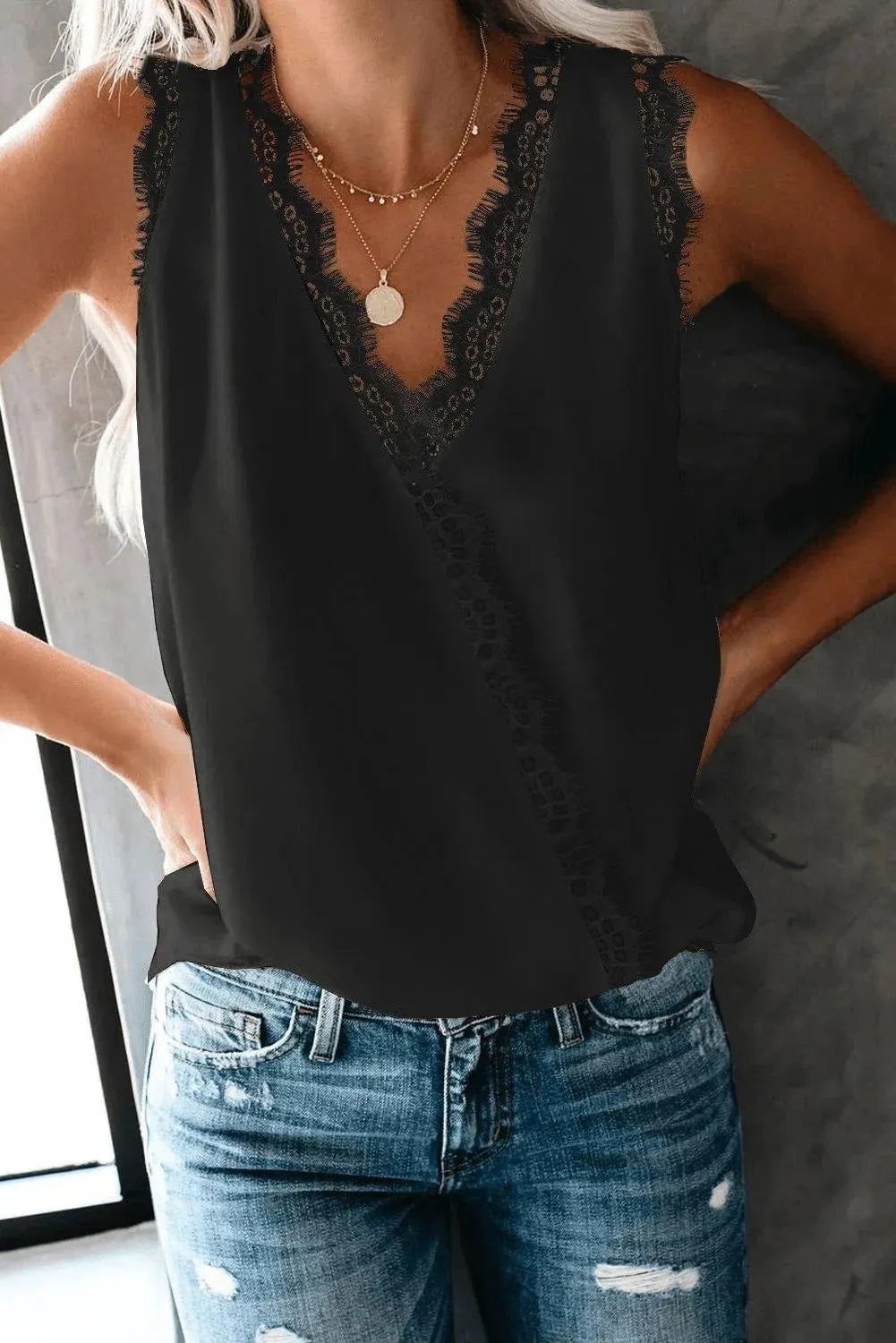 Black Eyelash Lace Trim Wrap V Neck Tank Top