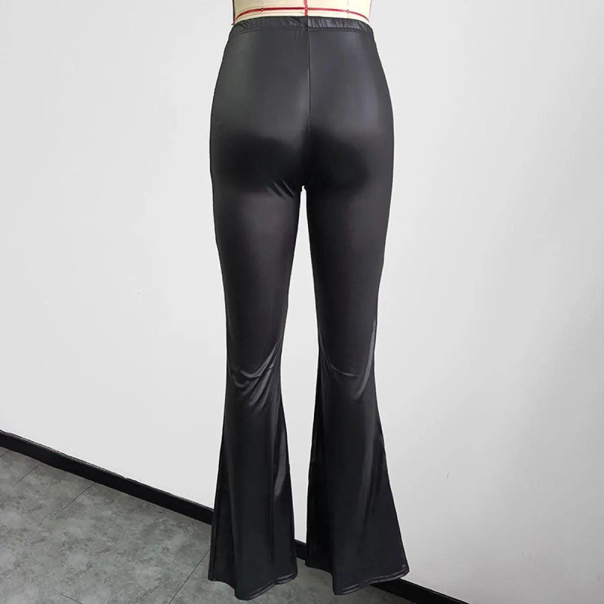 Black Faux Leather Flared Pant High Waist Sexy Jewelry Bubble