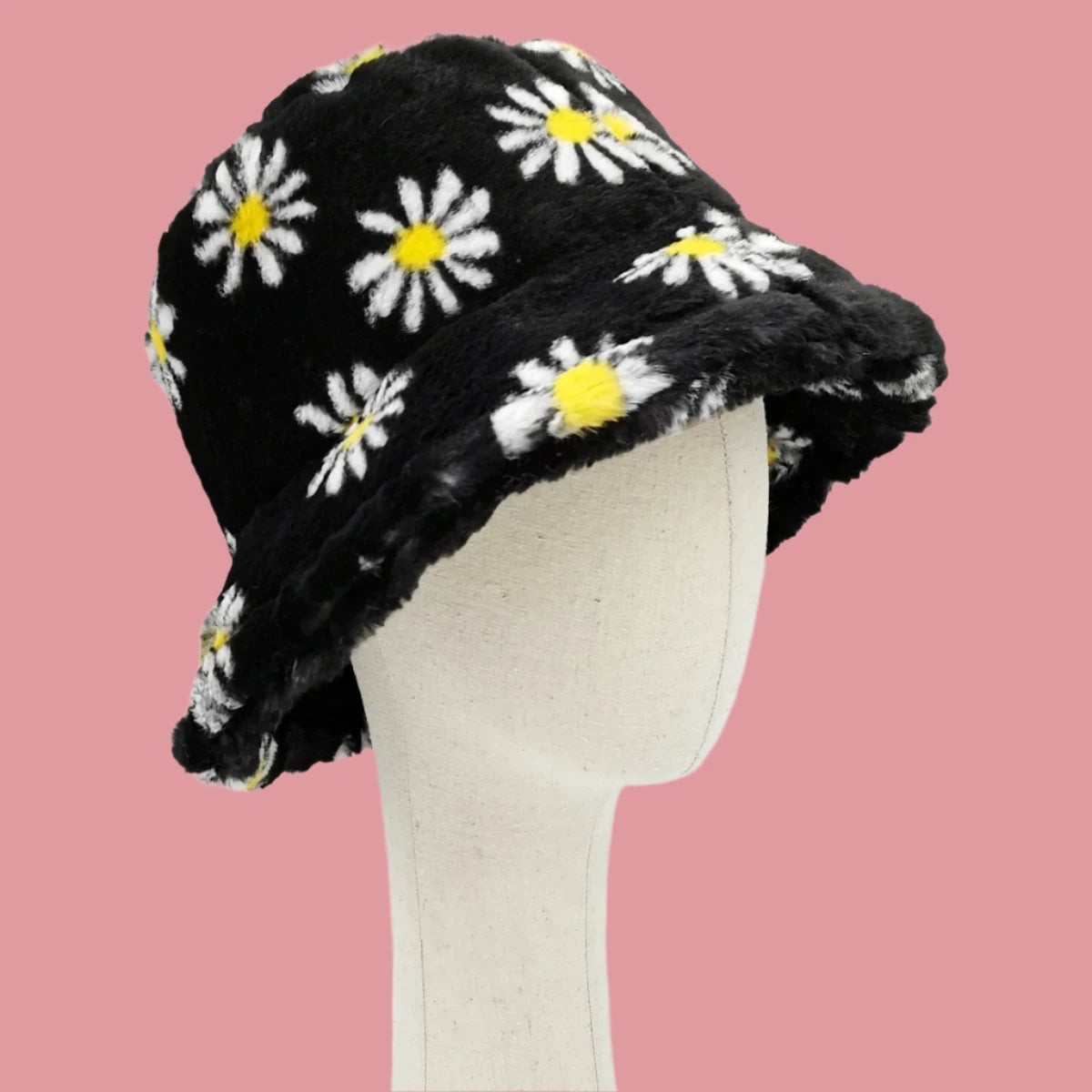 Black Floral Faux Fur Winter Bucket Hat Jewelry Bubble