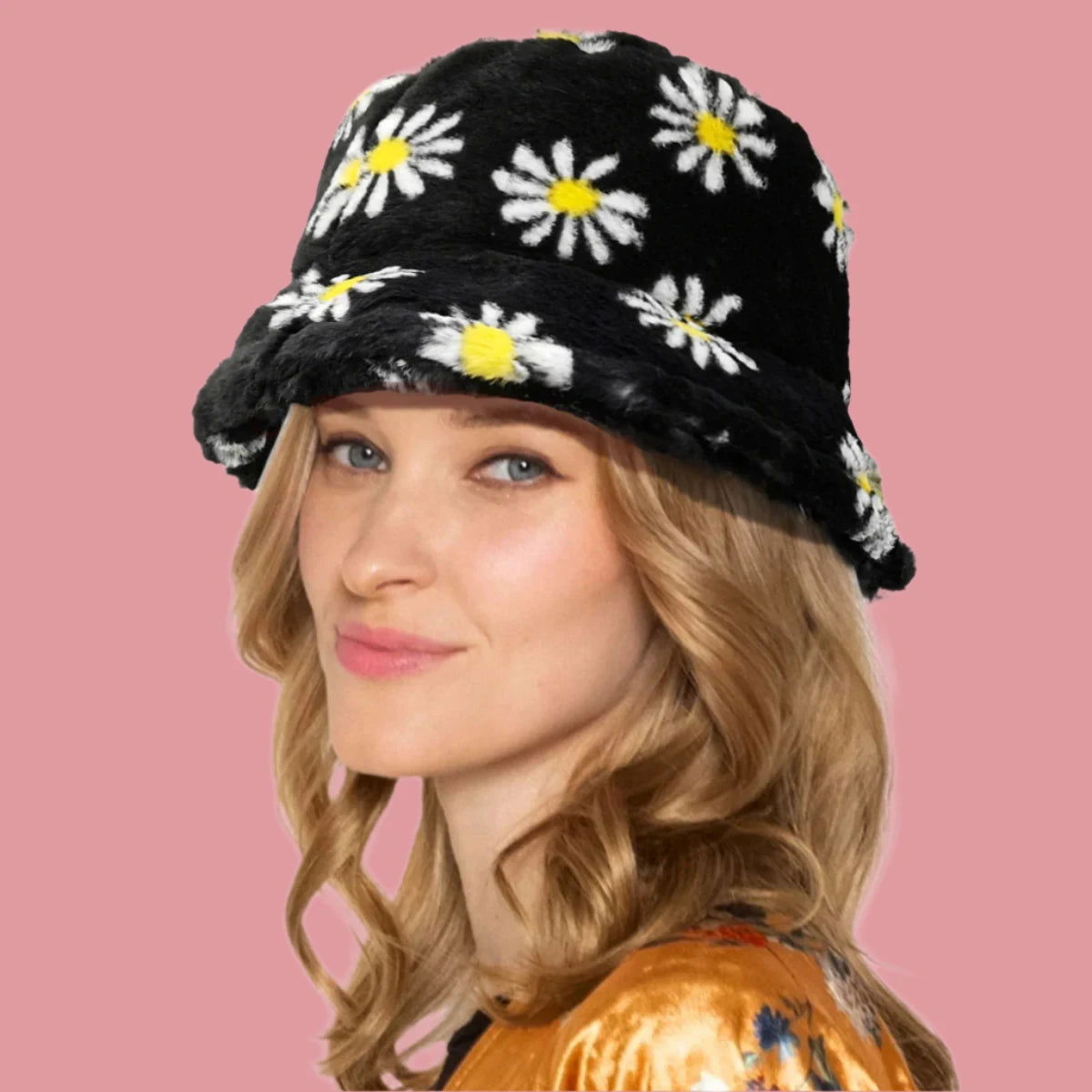 Black Floral Faux Fur Winter Bucket Hat Jewelry Bubble