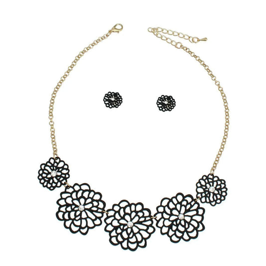 Black Flower Station Necklace Set - Perfect for Any Occasion Jewelry Bubble