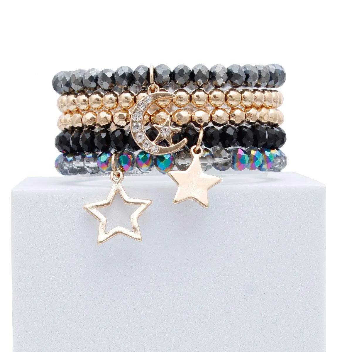 Black Glass and Gold Tone Star Charms Bracelet Set Jewelry Bubble