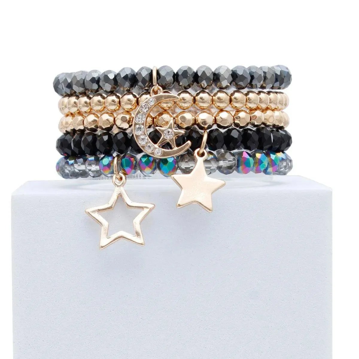 Black Glass and Gold Tone Star Charms Bracelet Set