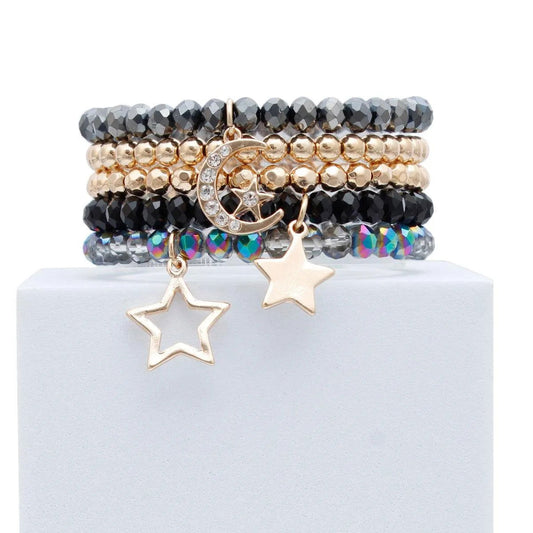 Black Glass and Gold Tone Star Charms Bracelet Set Jewelry Bubble