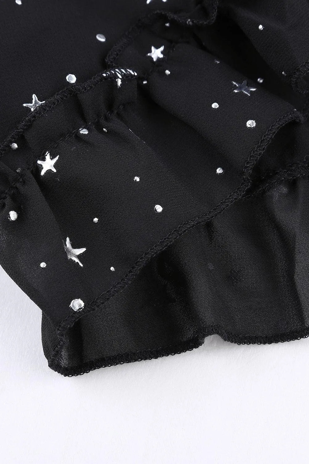 Black Glitter Stars V Neck Backless Ruffle Mini Dress Jewelry Bubble
