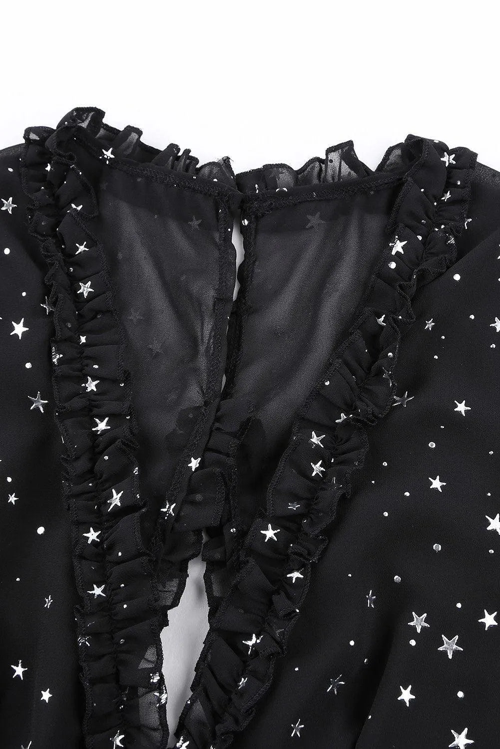 Black Glitter Stars V Neck Backless Ruffle Mini Dress Jewelry Bubble