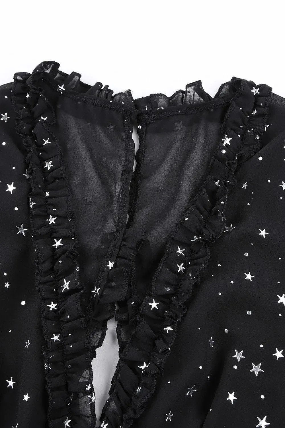 Black Glitter Stars V Neck Backless Ruffle Mini Dress