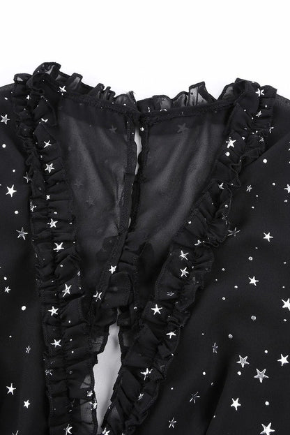Black Glitter Stars V Neck Backless Ruffle Mini Dress Jewelry Bubble