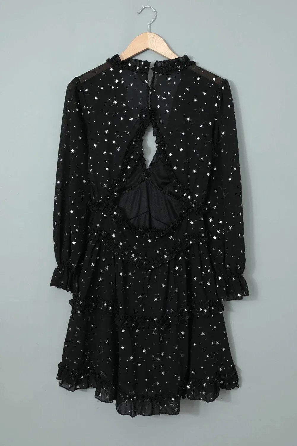 Black Glitter Stars V Neck Backless Ruffle Mini Dress