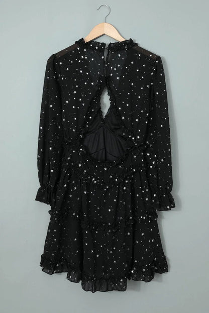 Black Glitter Stars V Neck Backless Ruffle Mini Dress Jewelry Bubble