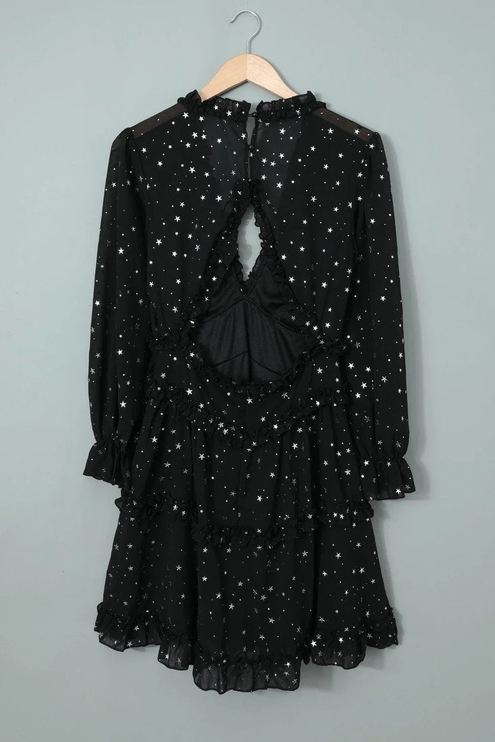 Black Glitter Stars V Neck Backless Ruffle Mini Dress Jewelry Bubble