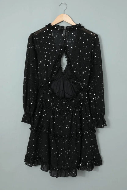 Black Glitter Stars V Neck Backless Ruffle Mini Dress Jewelry Bubble