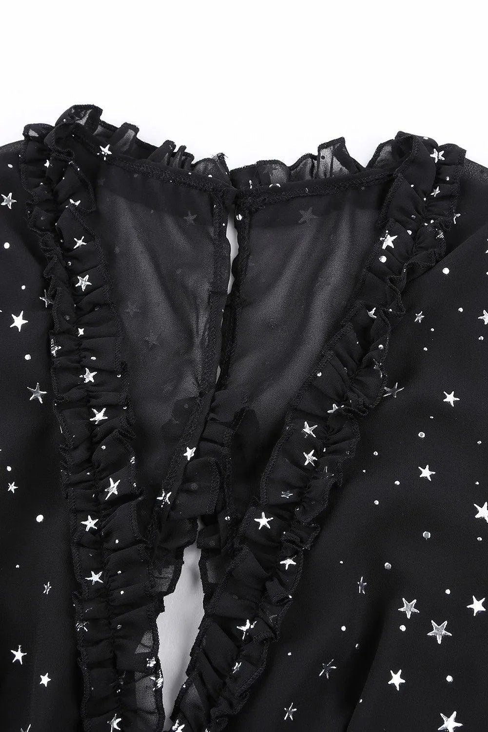 Black Glitter Stars V Neck Backless Ruffle Mini Dress Jewelry Bubble