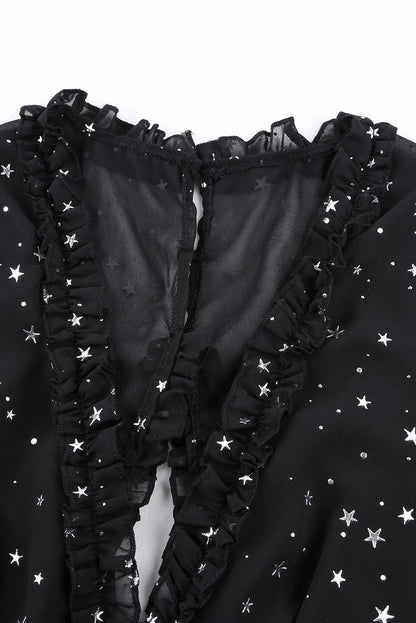 Black Glitter Stars V Neck Backless Ruffle Mini Dress Jewelry Bubble