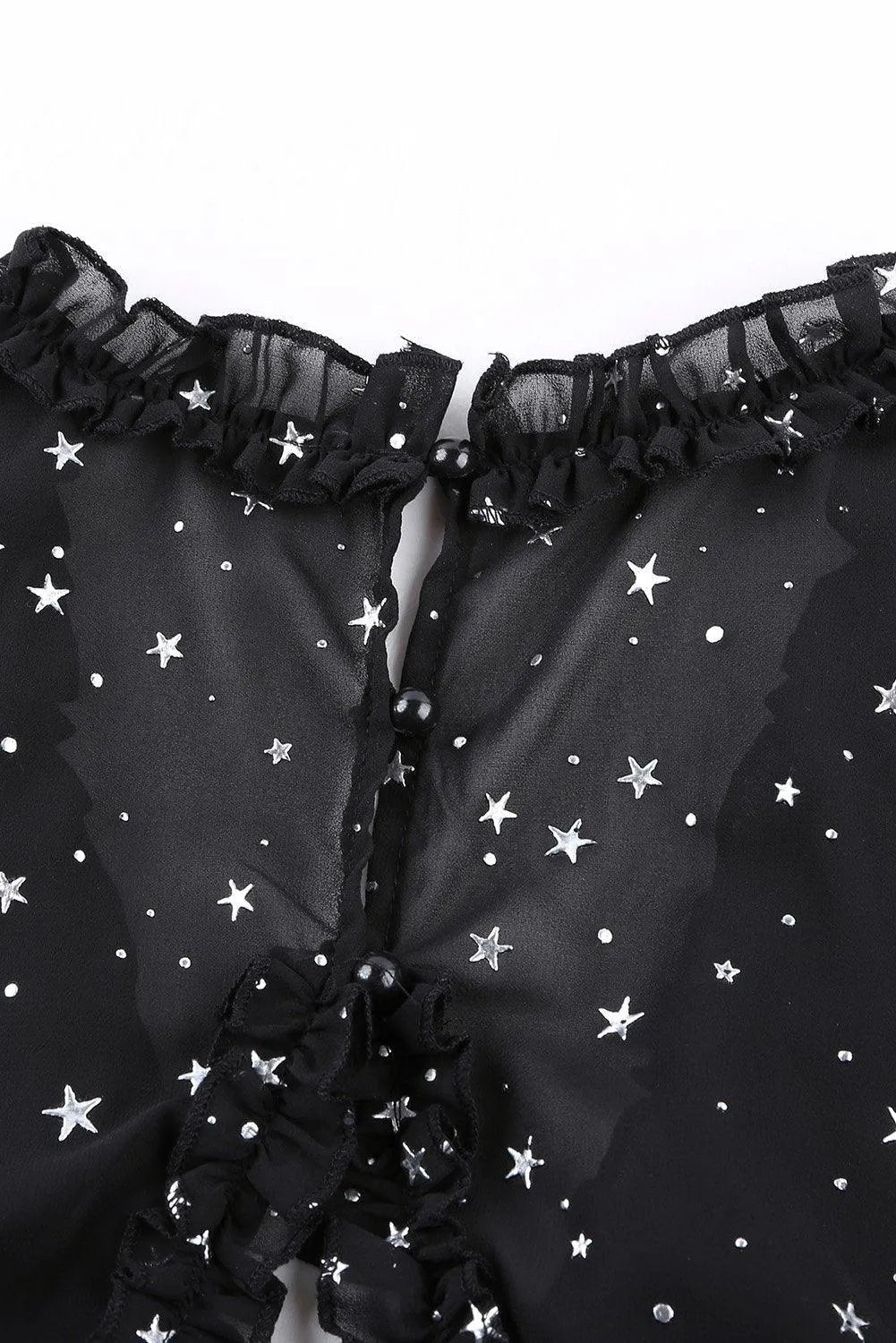 Black Glitter Stars V Neck Backless Ruffle Mini Dress Jewelry Bubble
