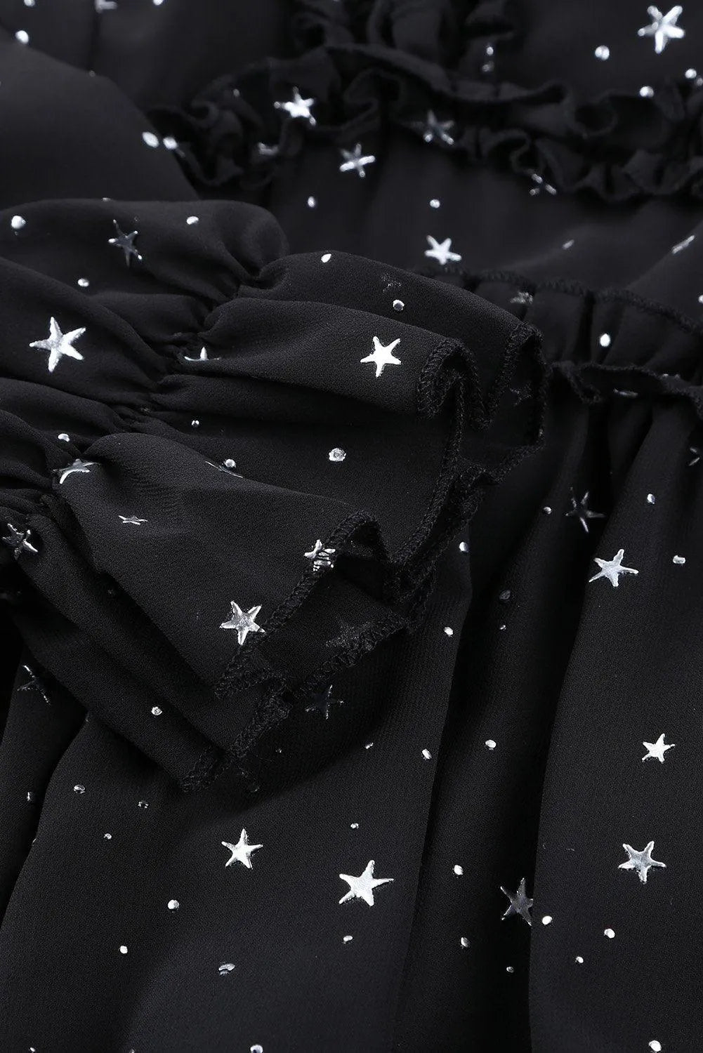 Black Glitter Stars V Neck Backless Ruffle Mini Dress Jewelry Bubble