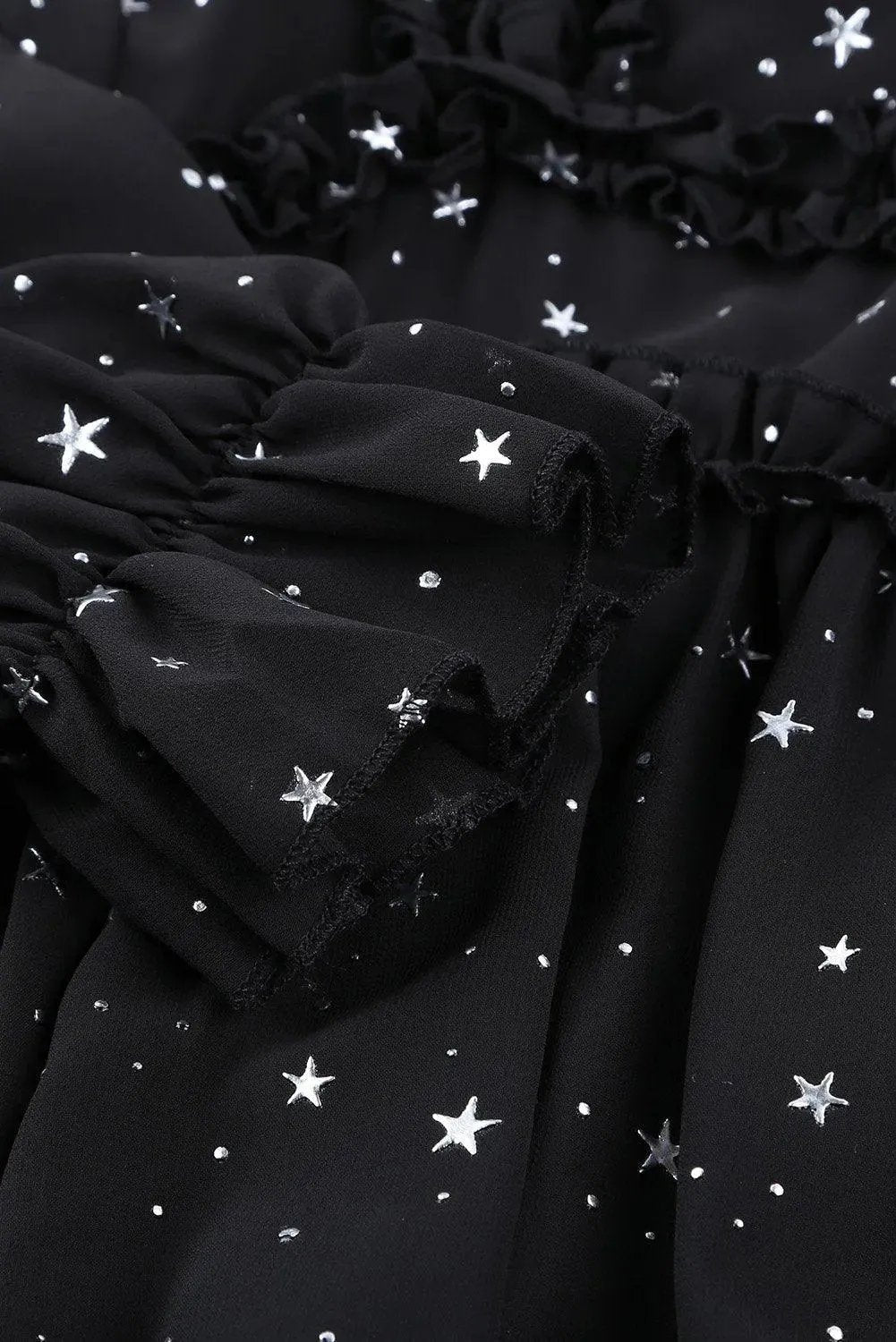 Black Glitter Stars V Neck Backless Ruffle Mini Dress