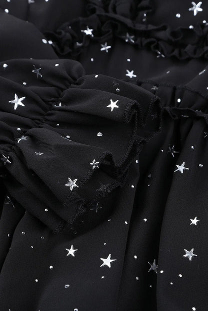 Black Glitter Stars V Neck Backless Ruffle Mini Dress Jewelry Bubble
