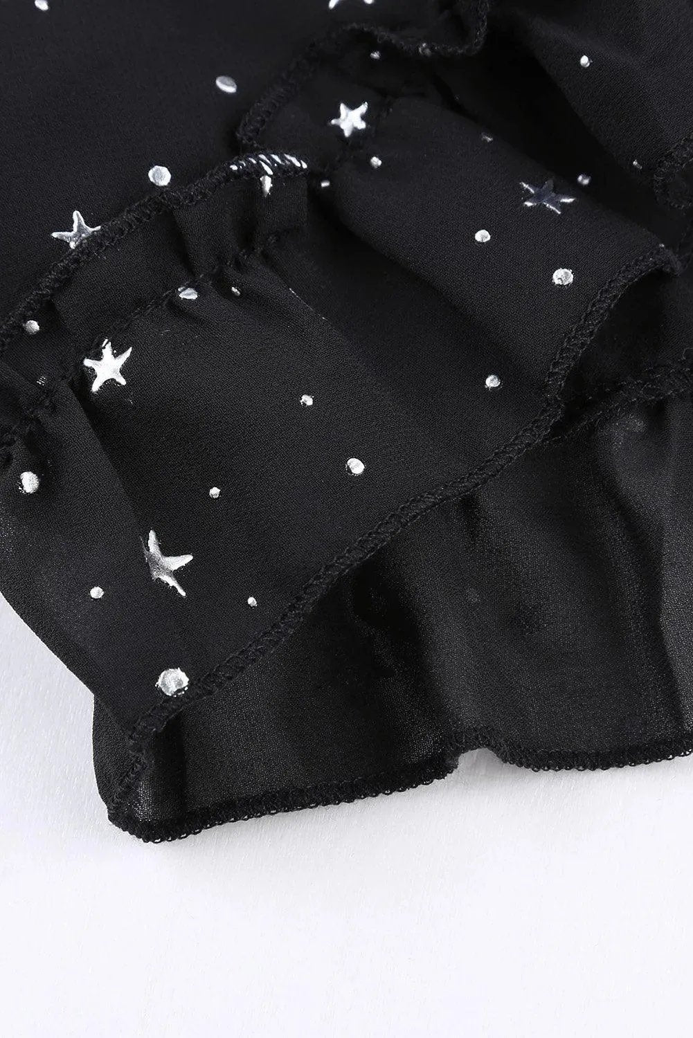 Black Glitter Stars V Neck Backless Ruffle Mini Dress