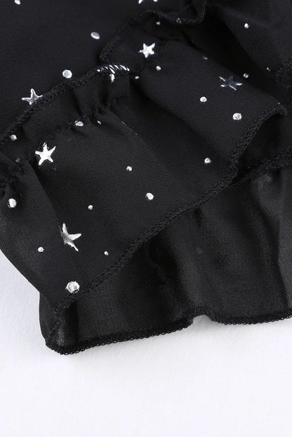 Black Glitter Stars V Neck Backless Ruffle Mini Dress Jewelry Bubble