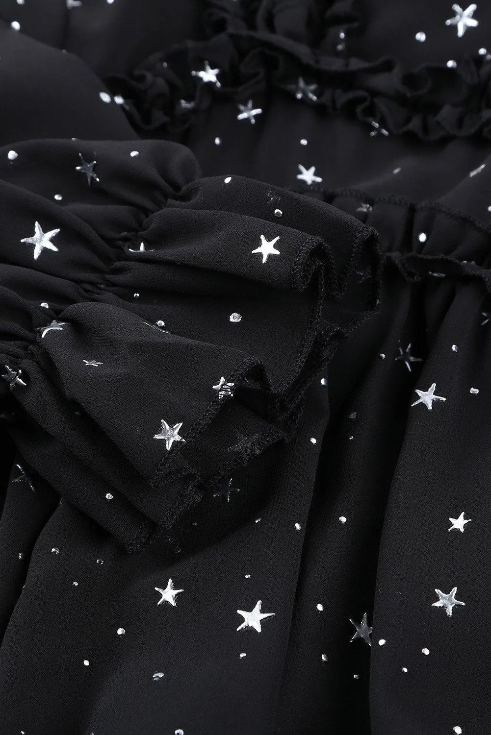 Black Glitter Stars V Neck Backless Ruffle Mini Dress Jewelry Bubble