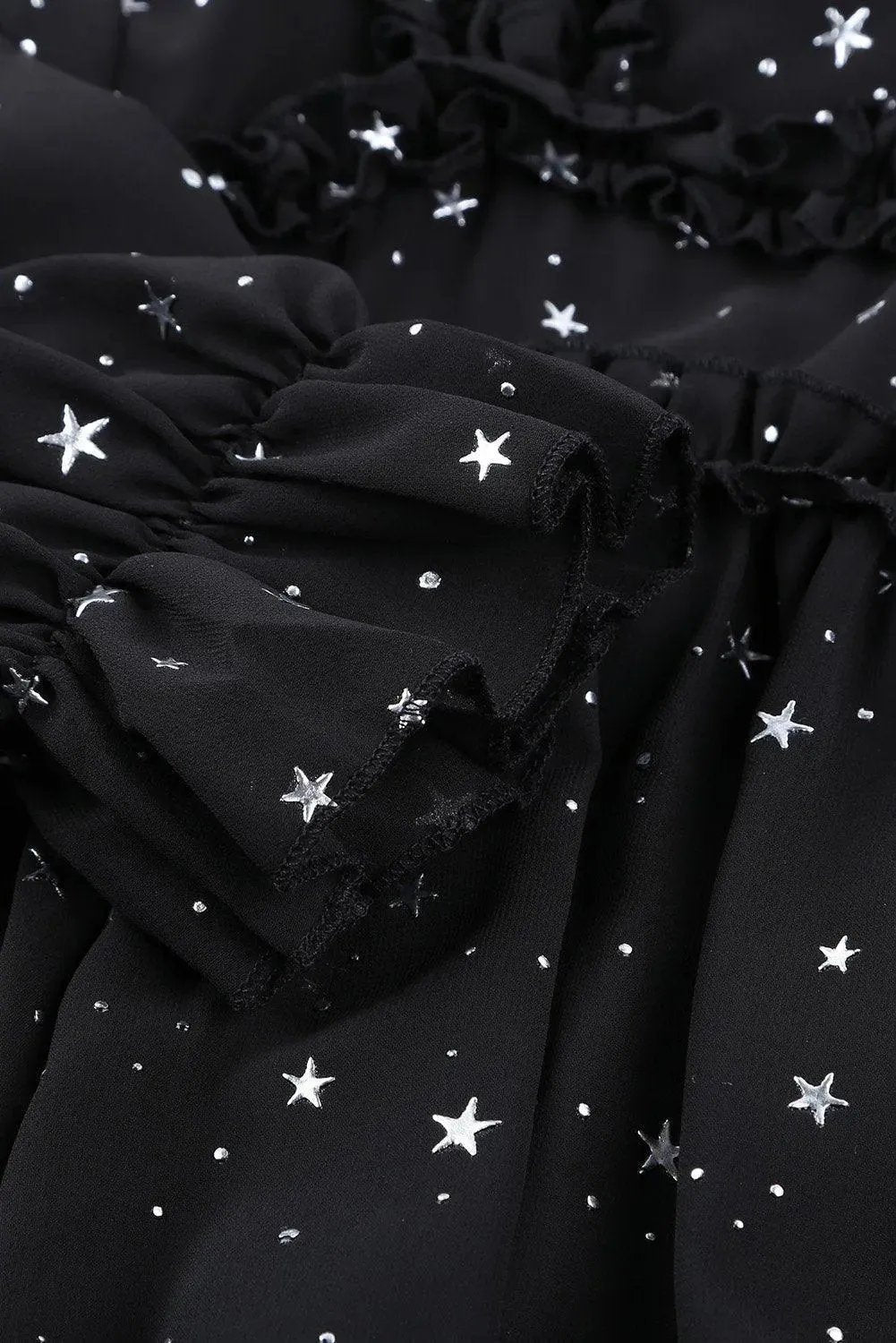 Black Glitter Stars V Neck Backless Ruffle Mini Dress
