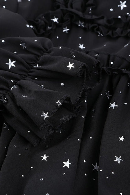Black Glitter Stars V Neck Backless Ruffle Mini Dress Jewelry Bubble