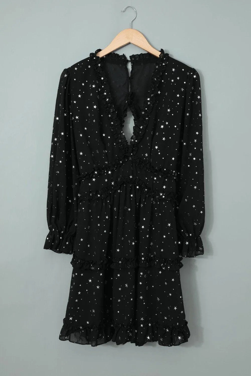 Black Glitter Stars V Neck Backless Ruffle Mini Dress Jewelry Bubble