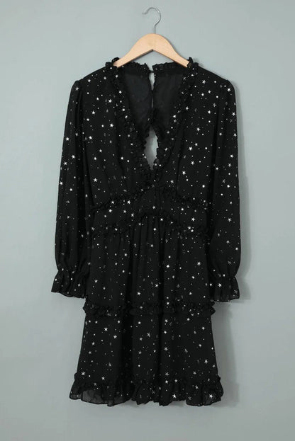 Black Glitter Stars V Neck Backless Ruffle Mini Dress Jewelry Bubble