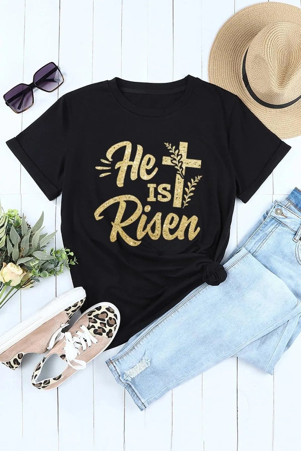 Black He Is Risen Cross Glitter Pattern Print Graphic T Shirt for Women