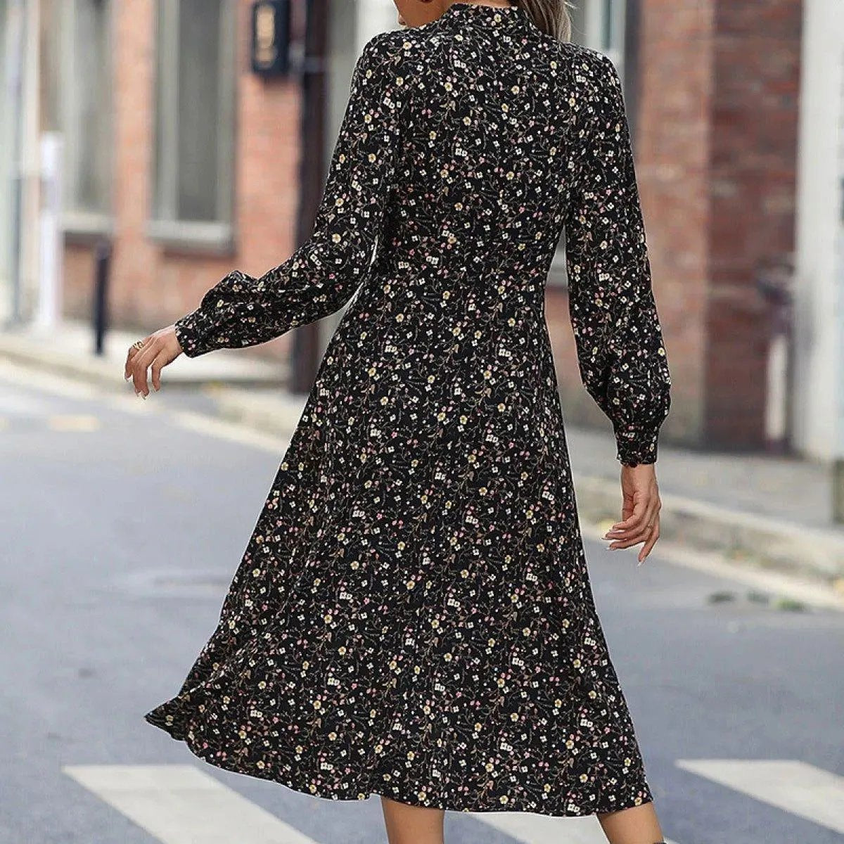 Black Keyhole Neck Lantern Sleeve Ditsy Floral Midi Dress