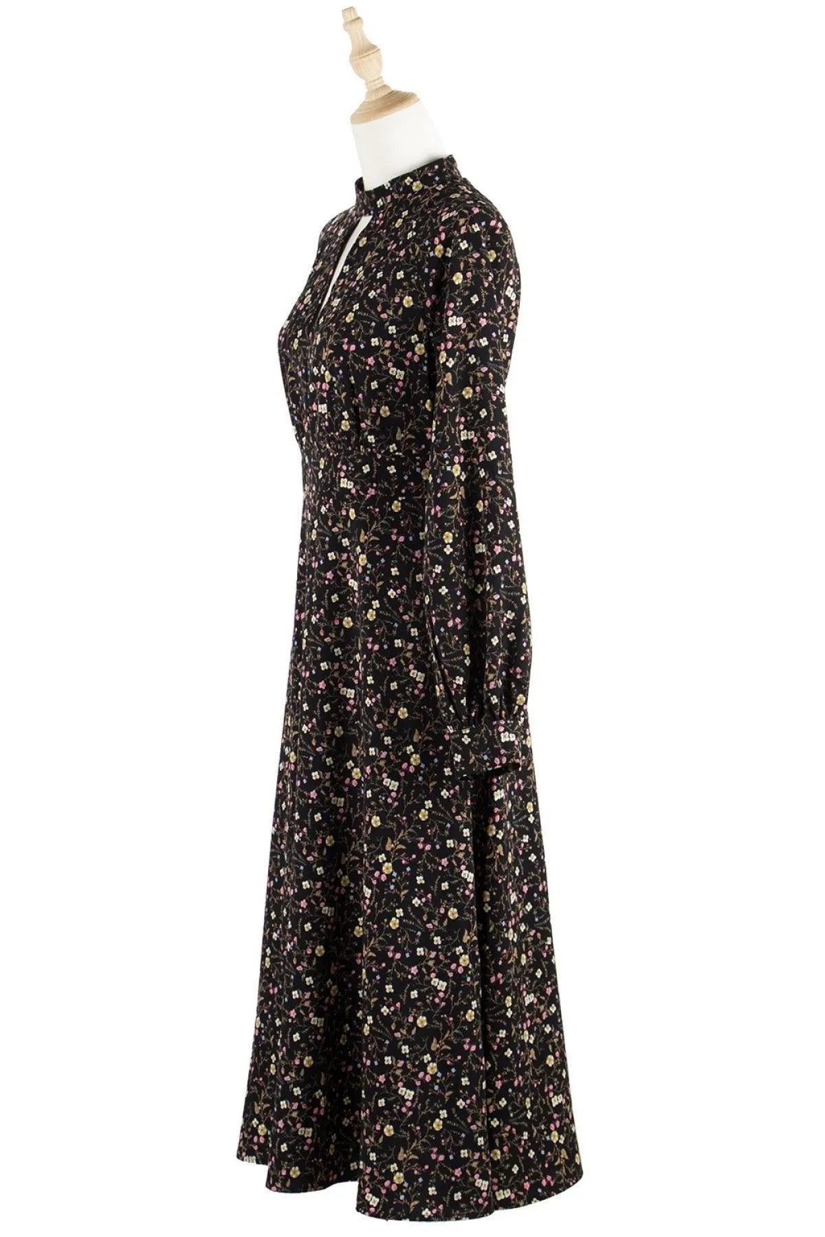 Black Keyhole Neck Lantern Sleeve Ditsy Floral Midi Dress Jewelry Bubble