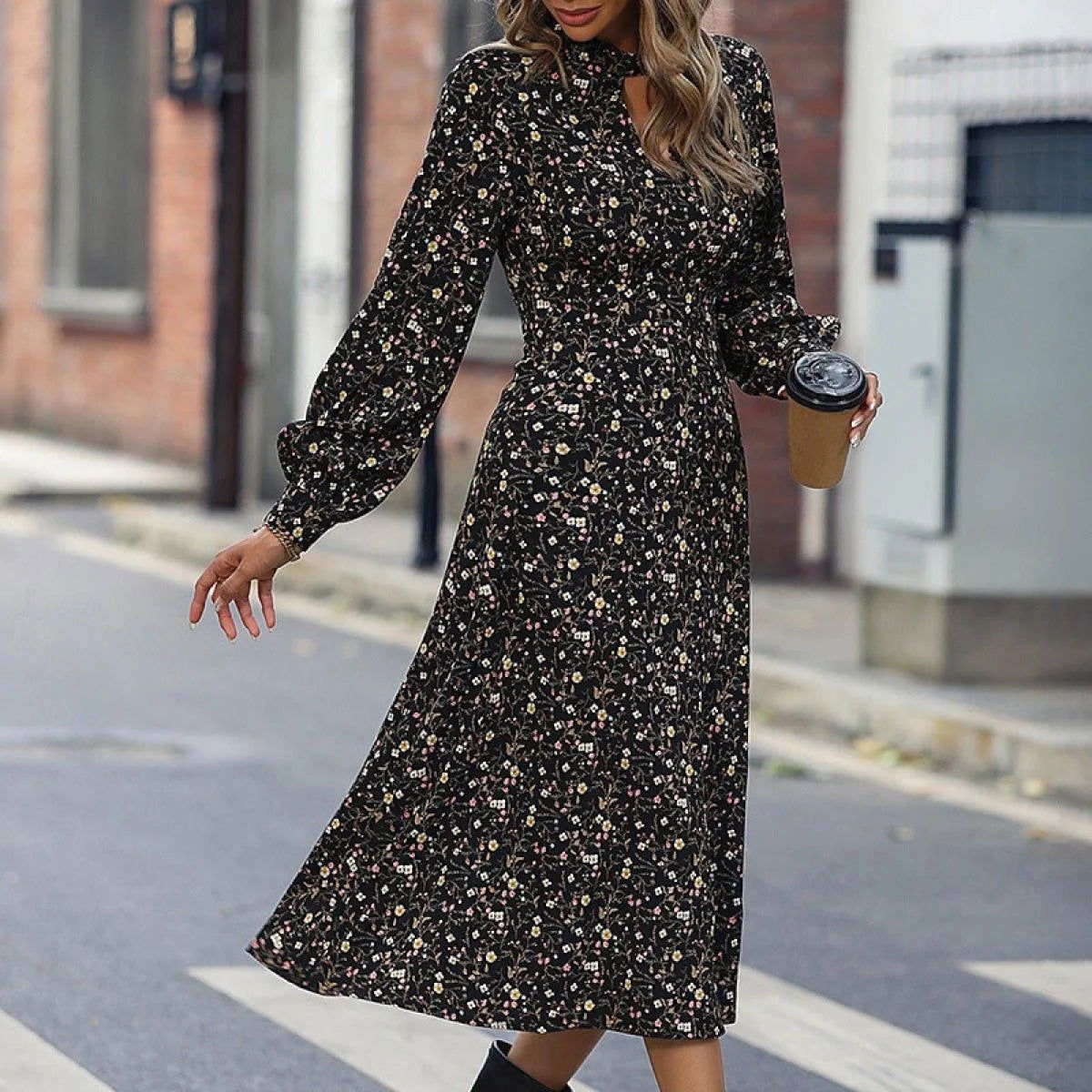 Black Keyhole Neck Lantern Sleeve Ditsy Floral Midi Dress Jewelry Bubble