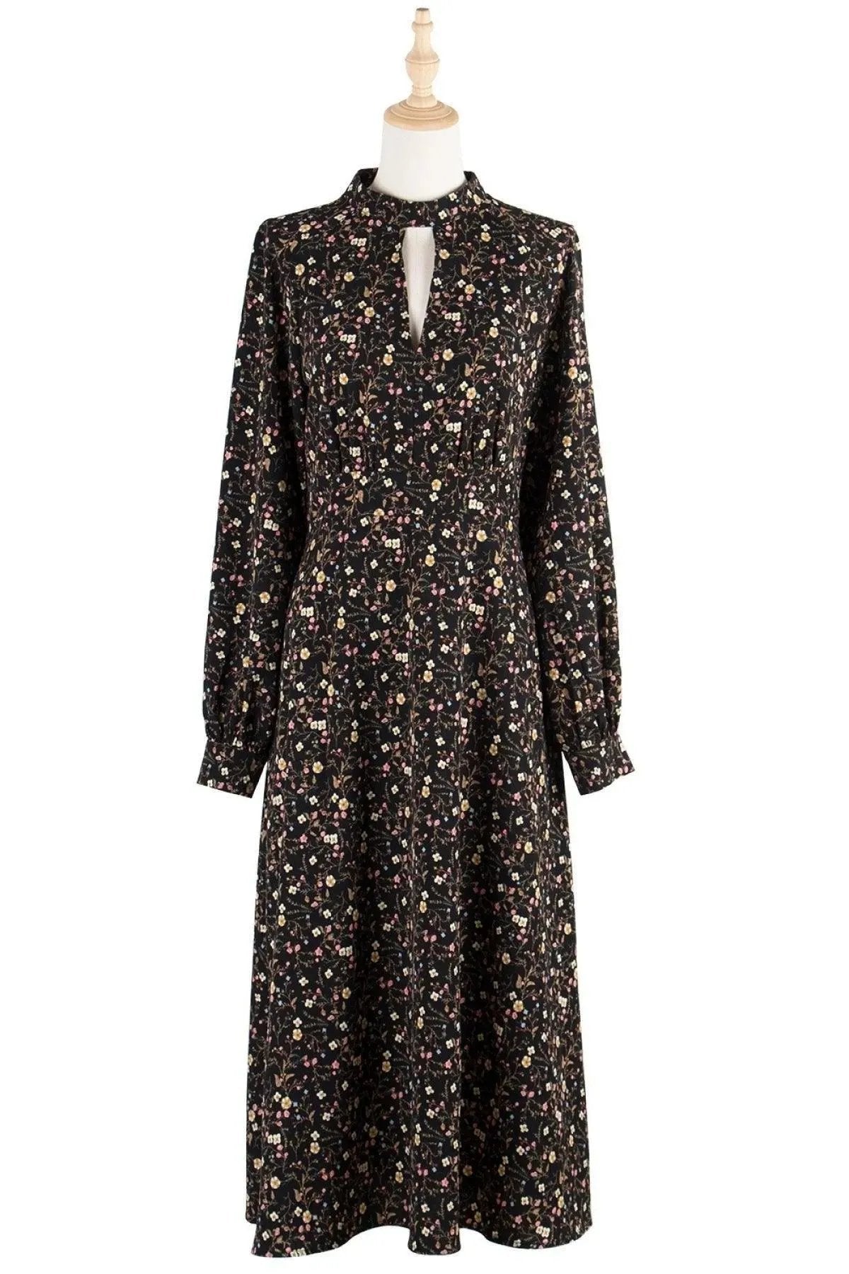 Black Keyhole Neck Lantern Sleeve Ditsy Floral Midi Dress